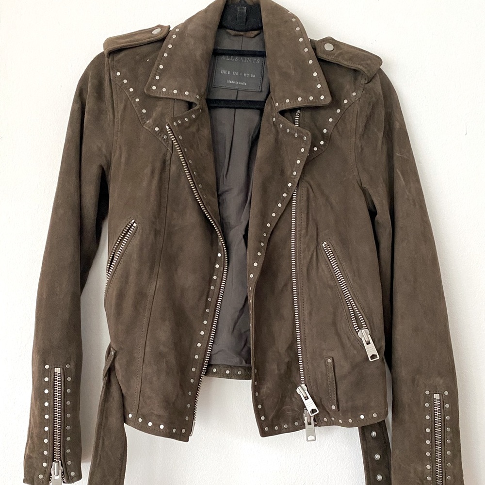 All Saints Studded Brown Suede Motorcycle Jacket